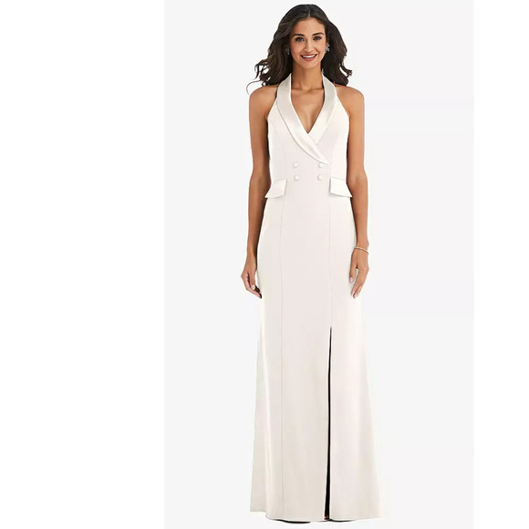 NEW! After Six Size 12 Crepe Halter Tuxedo Max Dress Ivory $242 msrp I22-3 - Picture 1 of 10